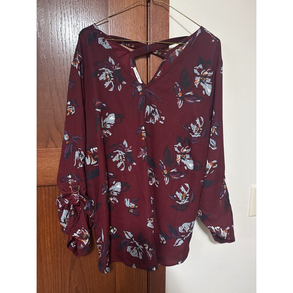 Maroon Floral Print V Neck Twisted Back Blouse Long Sleeve Casual Women's